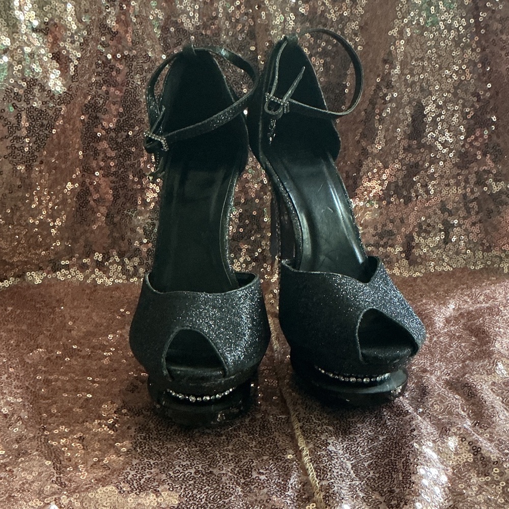 Shiekh Sparkling Black Peep-Toe Heels